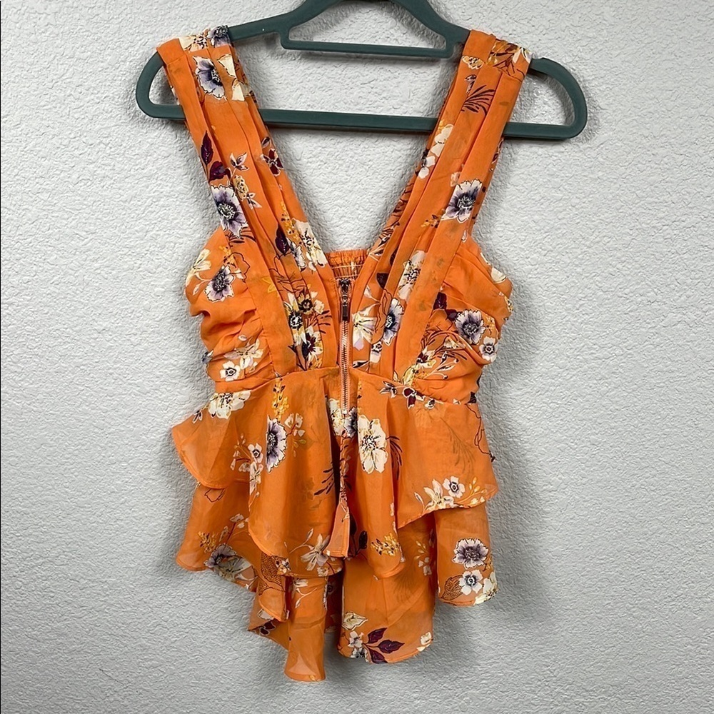 Haute Monde Ruffle Tiered Peplum Chiffon V Neck Blouse Orange Floral
